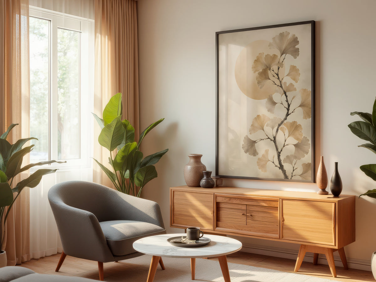 Ivory Ginkgo Sun displayed in a styled interior — Japandi botanical wall art above console