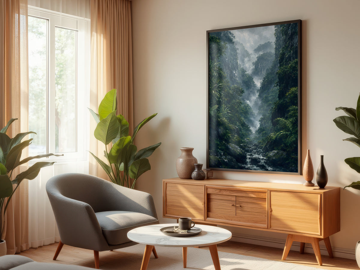 Black River Gorges Mist displayed in a styled interior — Mauritius rainforest wall art above console