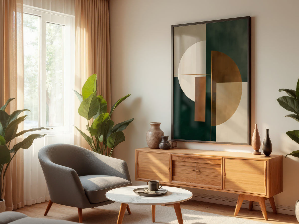 Verdant Form Balance displayed in a styled interior — geometric wall art in a premium room setting