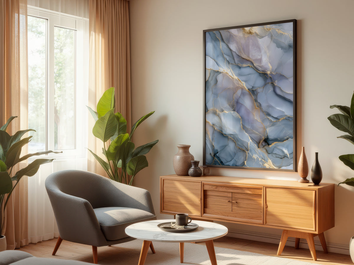 Moonstone Gold abstract print displayed in a styled interior — contemporary minimalist living room