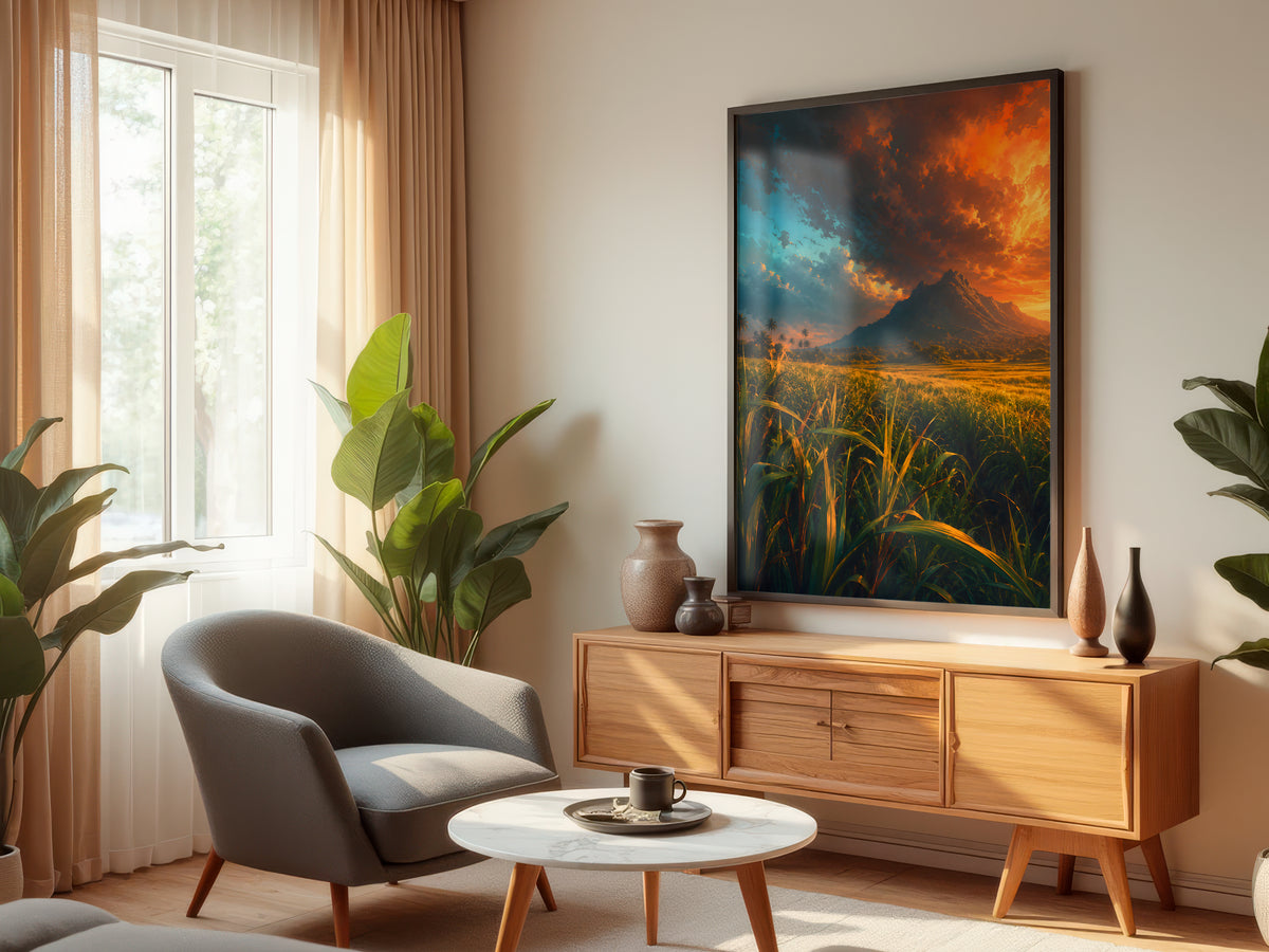 Sugarcane Stormlight displayed in a styled interior — Mauritius landscape storm wall art above console