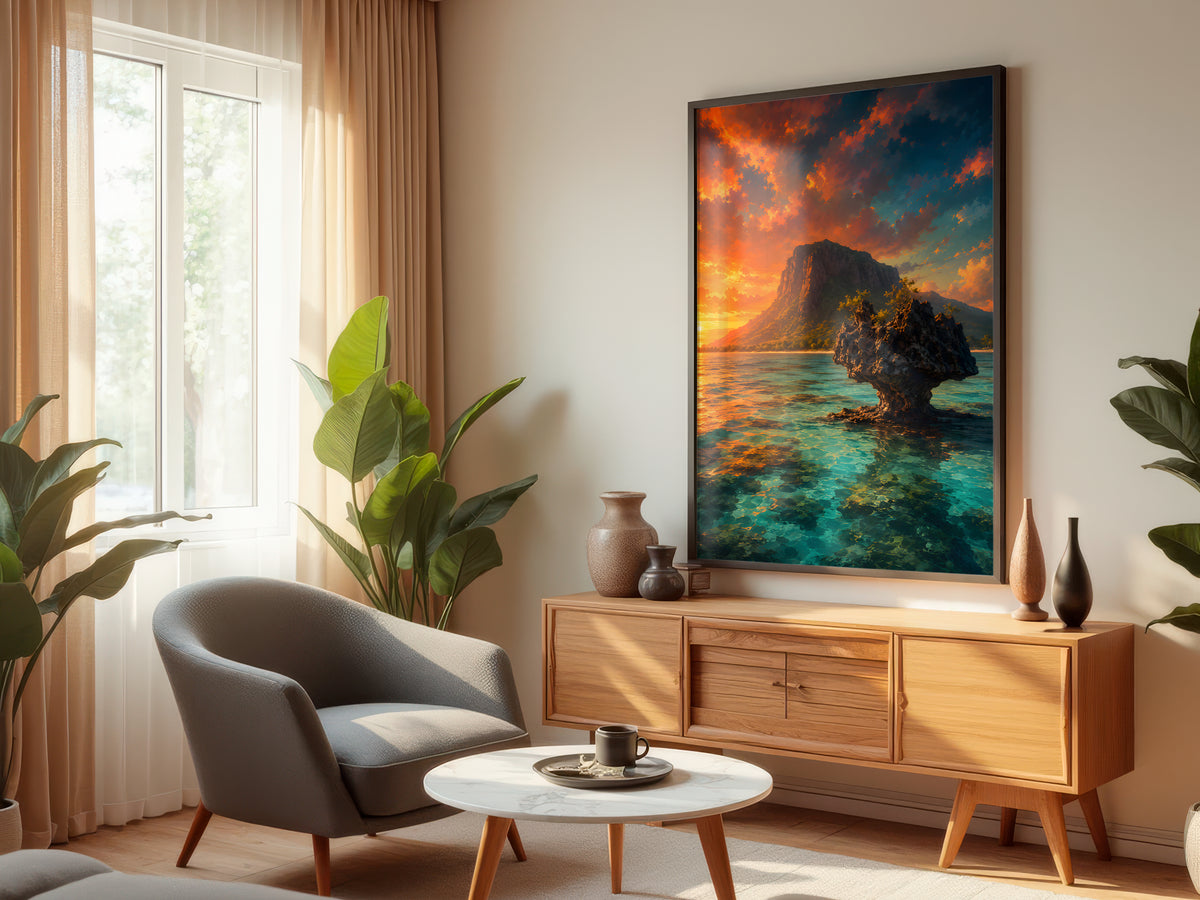 Crystal Rock Lagoon displayed in a styled interior — Mauritius coastal wall art above console