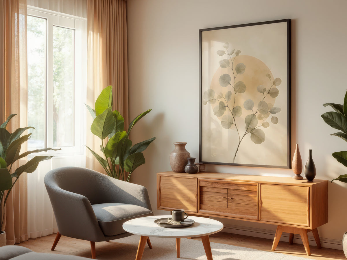 Ivory Eucalyptus Balance displayed in a styled interior — Japandi botanical wall art above console