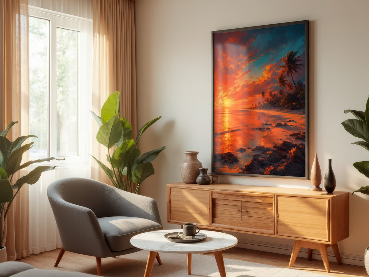 Flic en Flac Dusk Fire displayed in a styled interior — Mauritius dusk coastal wall art above console