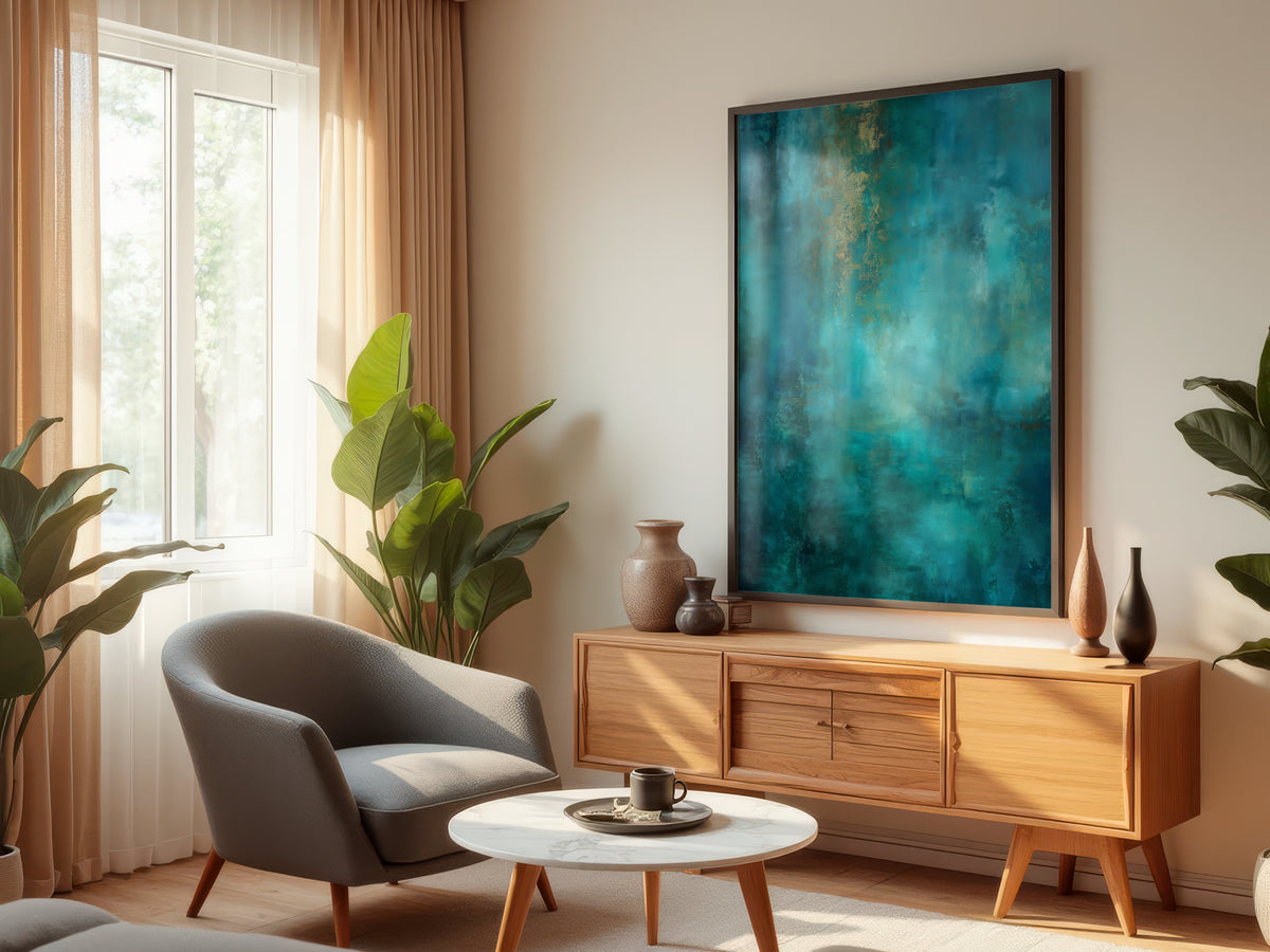 Teal Gold Horizon displayed in a styled interior — premium interior with teal, neutral, or dark walls