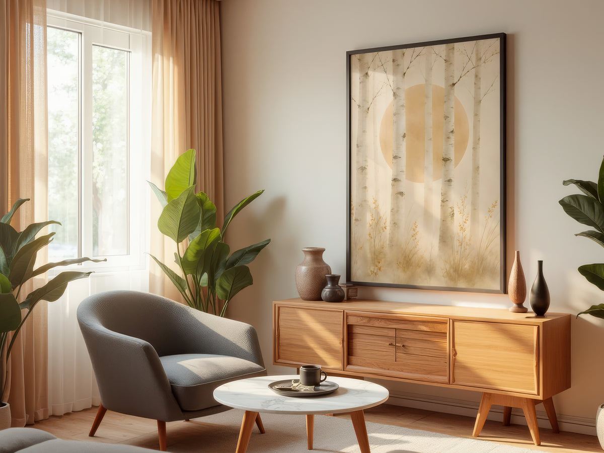 Ivory Birch Forest displayed in a styled interior — Japandi birch forest wall art above console
