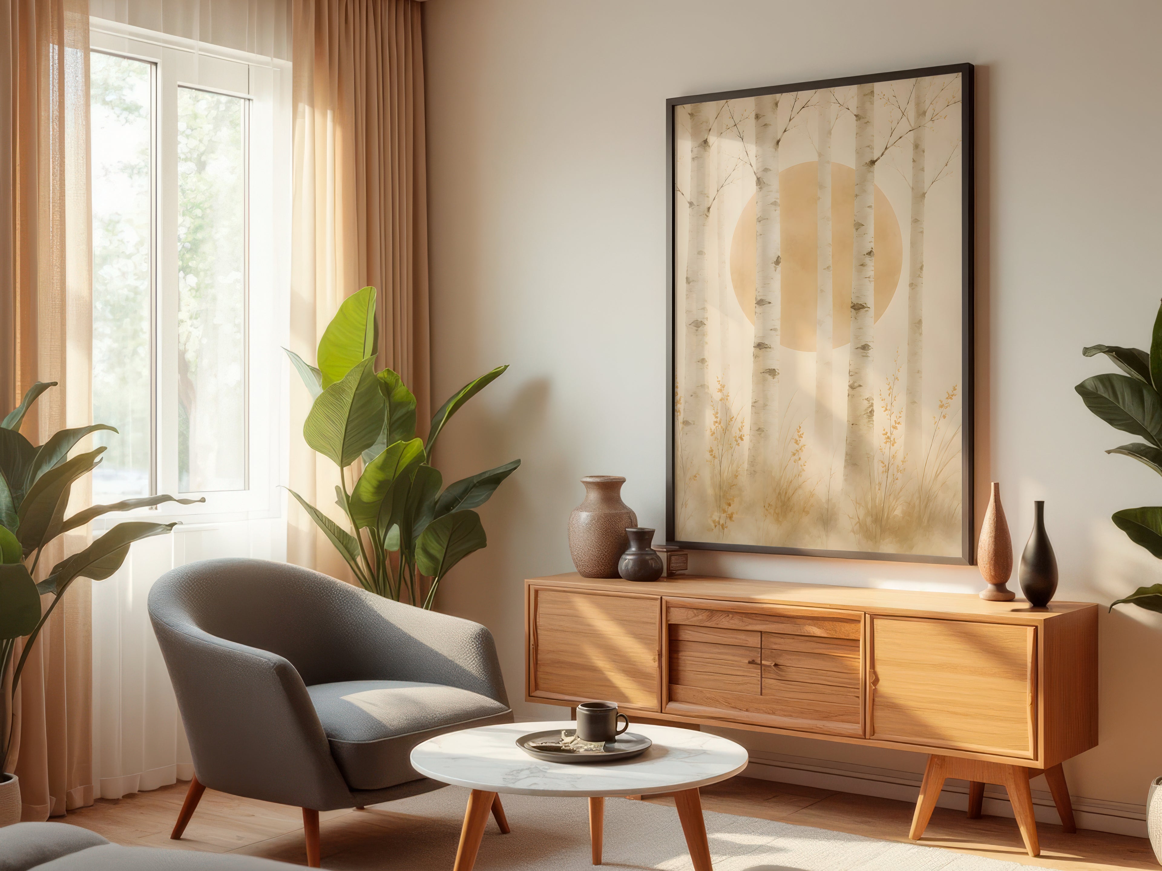 Ivory Birch Forest displayed in a styled interior — Japandi birch forest wall art above console