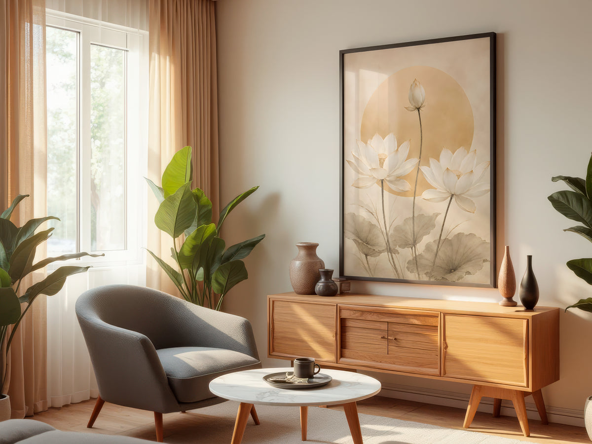 Ivory Lotus Sun displayed in a styled interior — Japandi lotus wall art above console