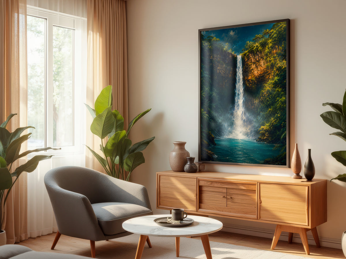 Chamarel Falls displayed in a styled interior — Mauritius waterfall landscape wall art above console