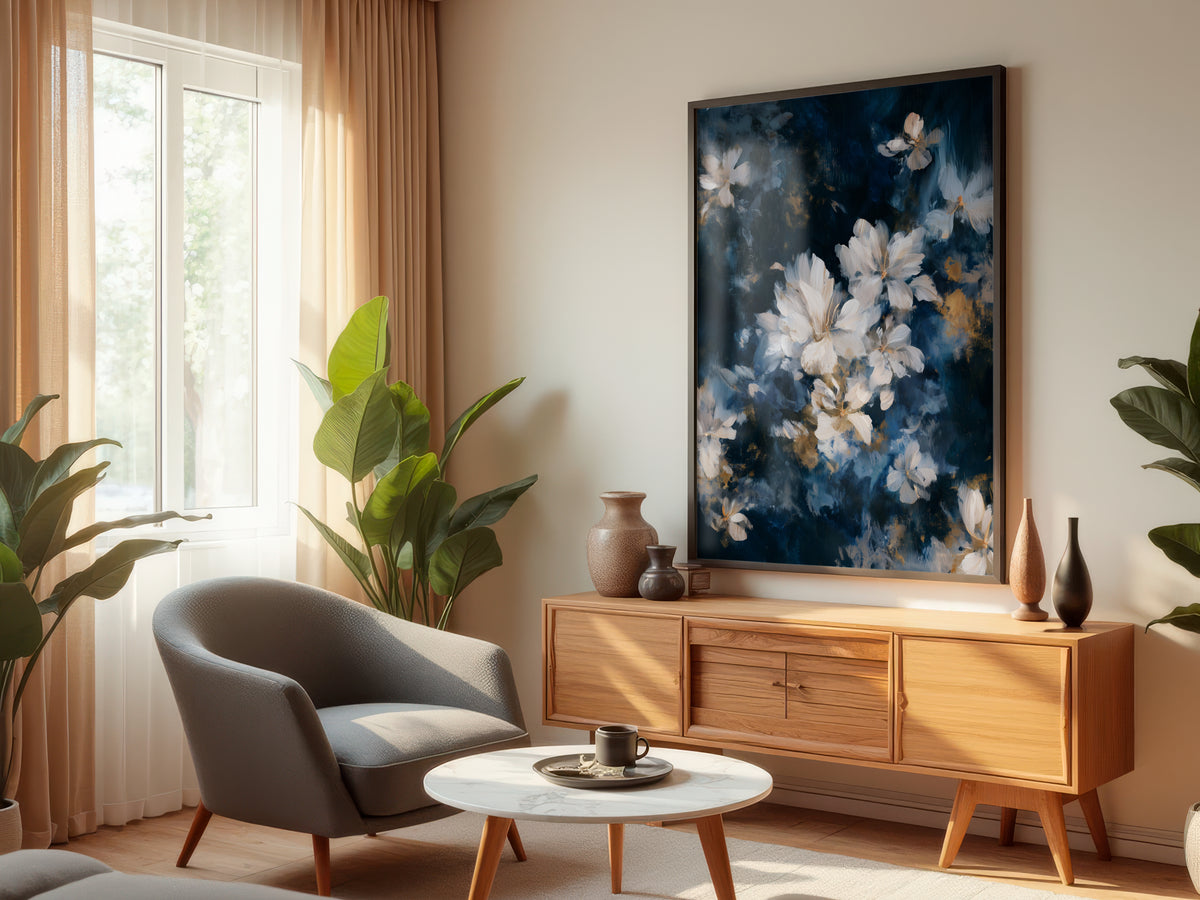 Midnight Ivory Blossom displayed in a styled interior — premium interior with dark, navy, charcoal, or neutral walls