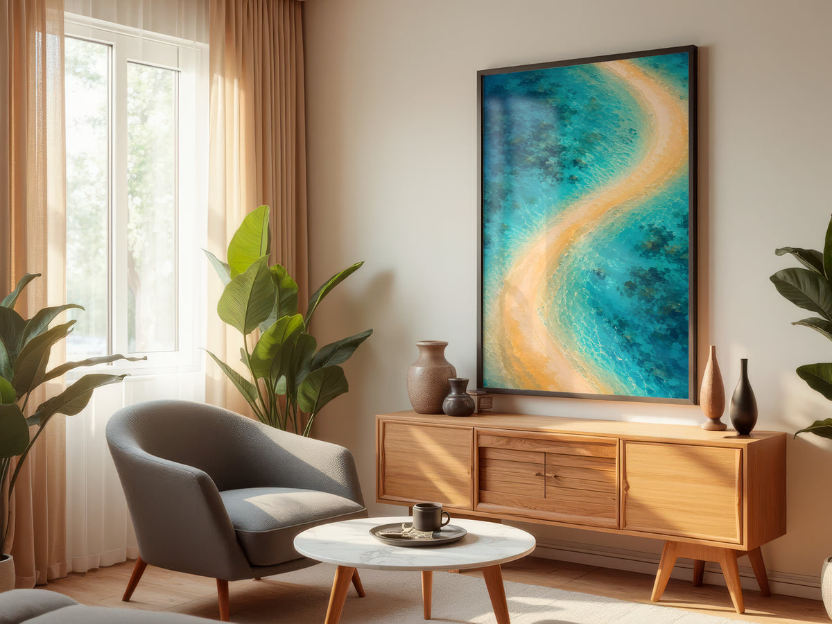 Pearl Lagoon Curve displayed in a styled interior — Mauritius aerial abstract coastal wall art above console