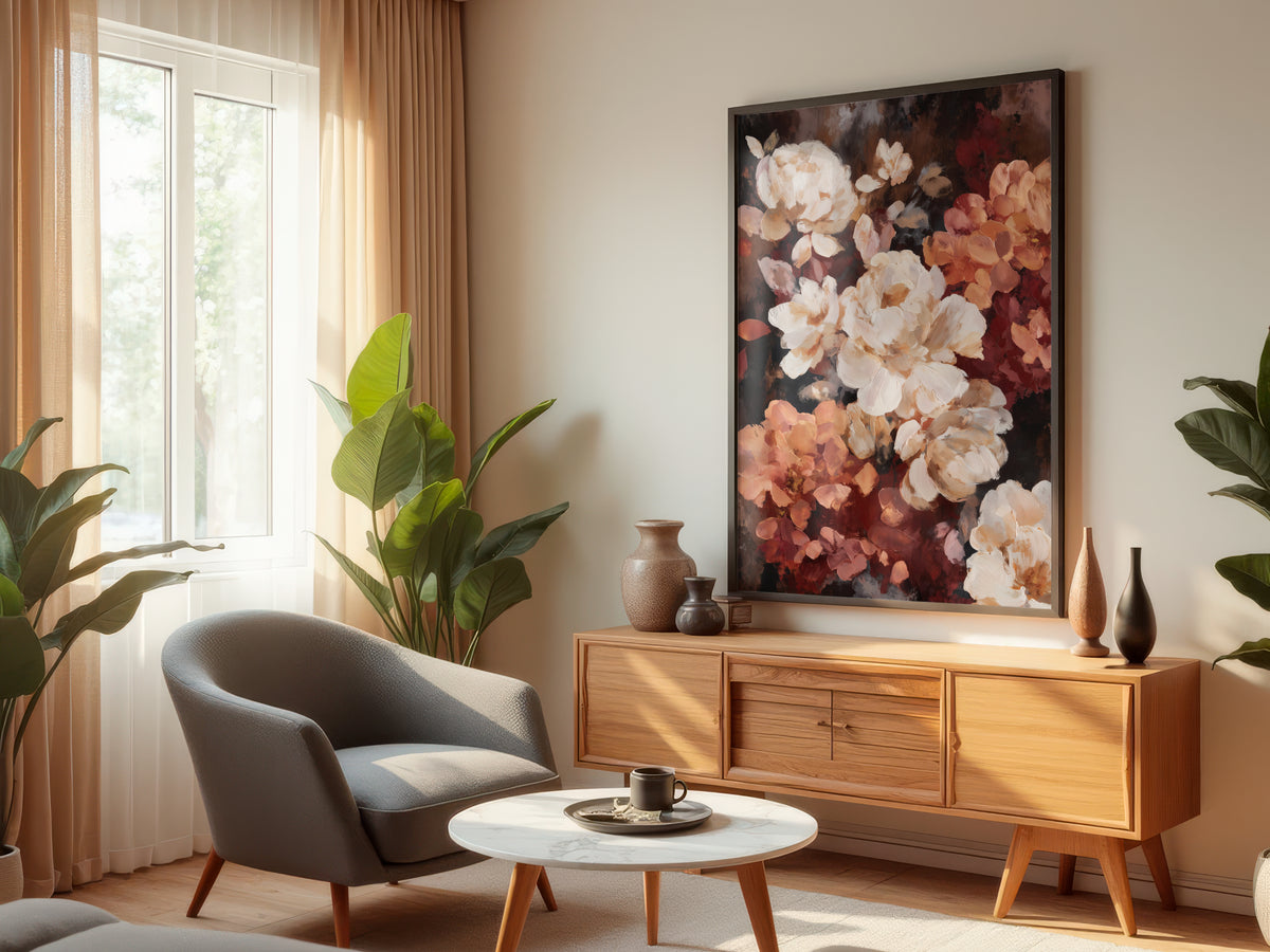 Terracotta Peony Nocturne displayed in a styled interior — premium interior with warm, dark, terracotta, or neutral walls