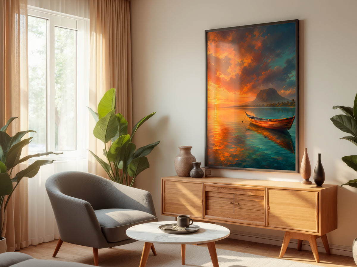 Pirogue Still Water displayed in a styled interior — Mauritius coastal boat wall art above console