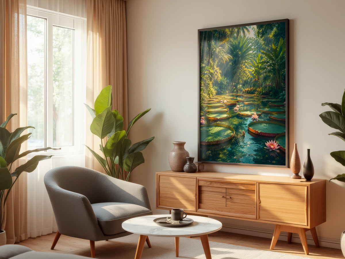 Waterlily Allée displayed in a styled interior — Mauritius garden botanical wall art above console
