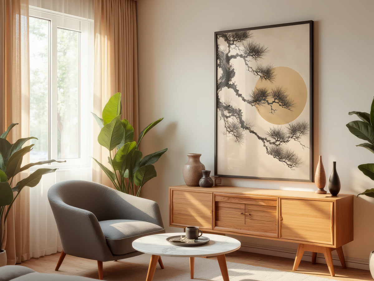 Ivory Pine Sun Silhouette displayed in a styled interior — Japandi pine wall art above console