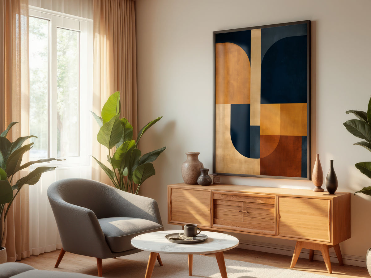 Navy Ochre Grid displayed in a styled interior — bold geometric wall art in a premium room setting