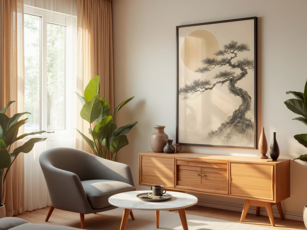 Ivory Black Pine Mist displayed in a styled interior — Japandi pine wall art above console