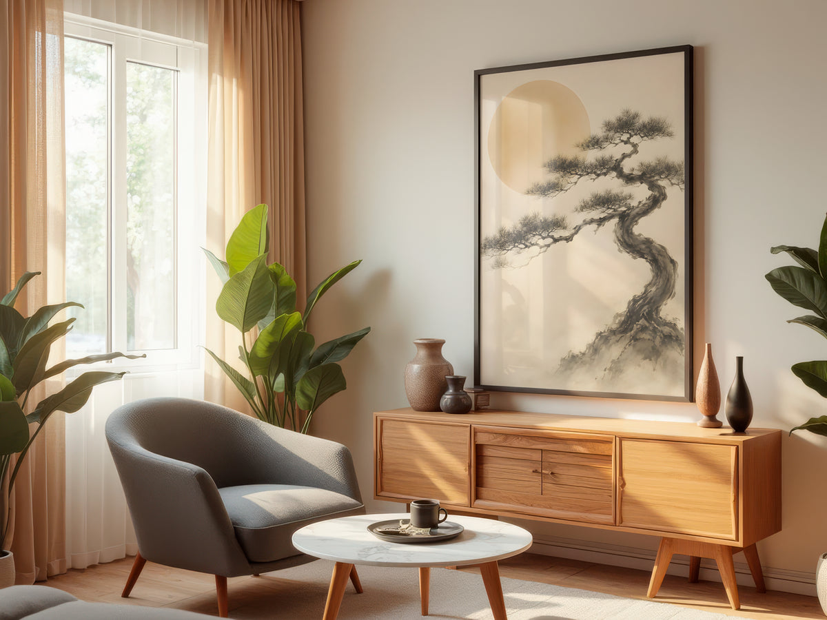 Ivory Black Pine Mist displayed in a styled interior — Japandi pine wall art above console