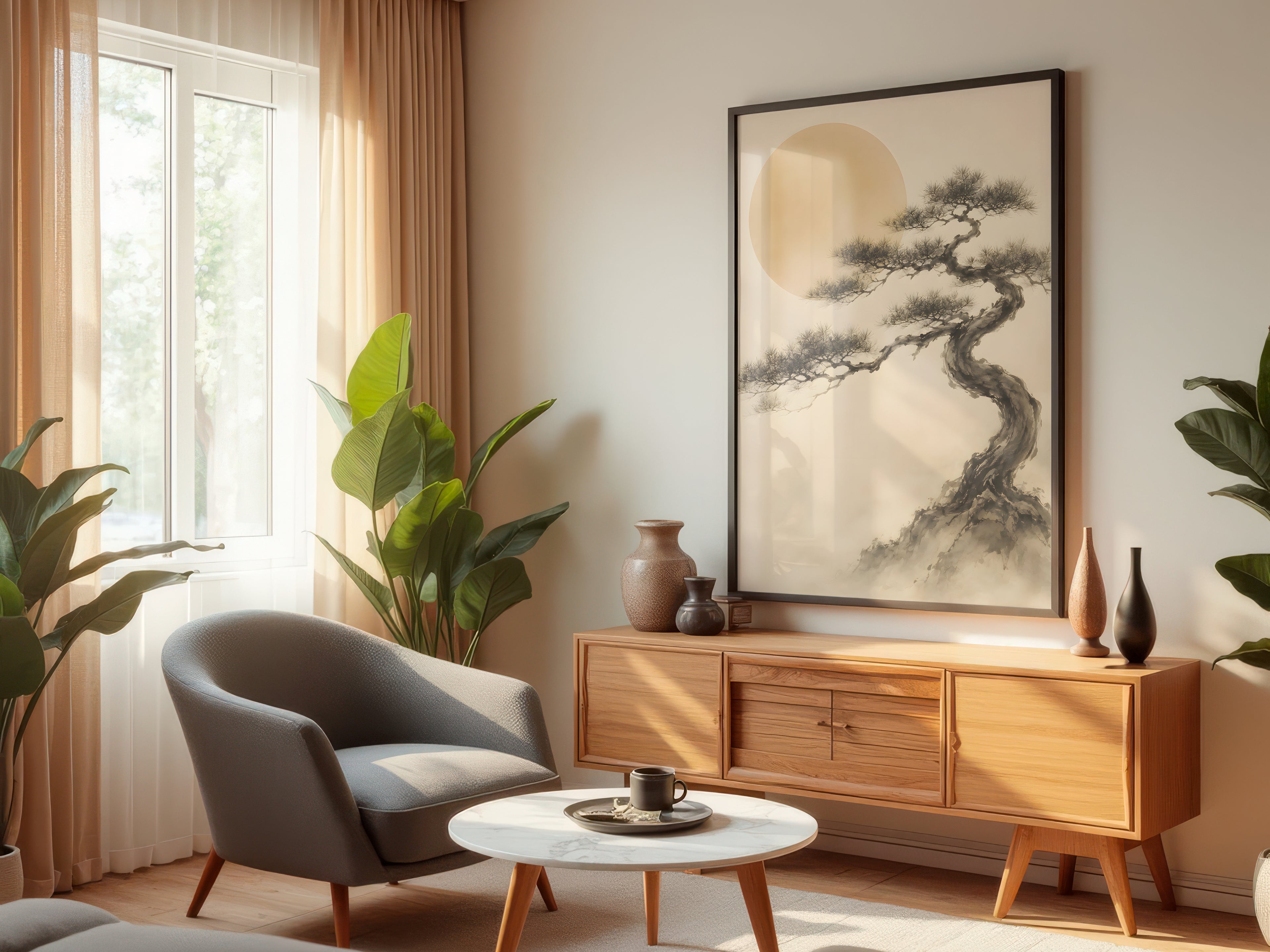 Ivory Black Pine Mist displayed in a styled interior — Japandi pine wall art above console