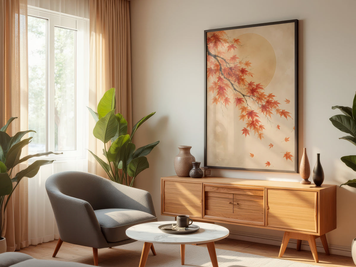 Ivory Maple Drift displayed in a styled interior — Japandi maple wall art above console