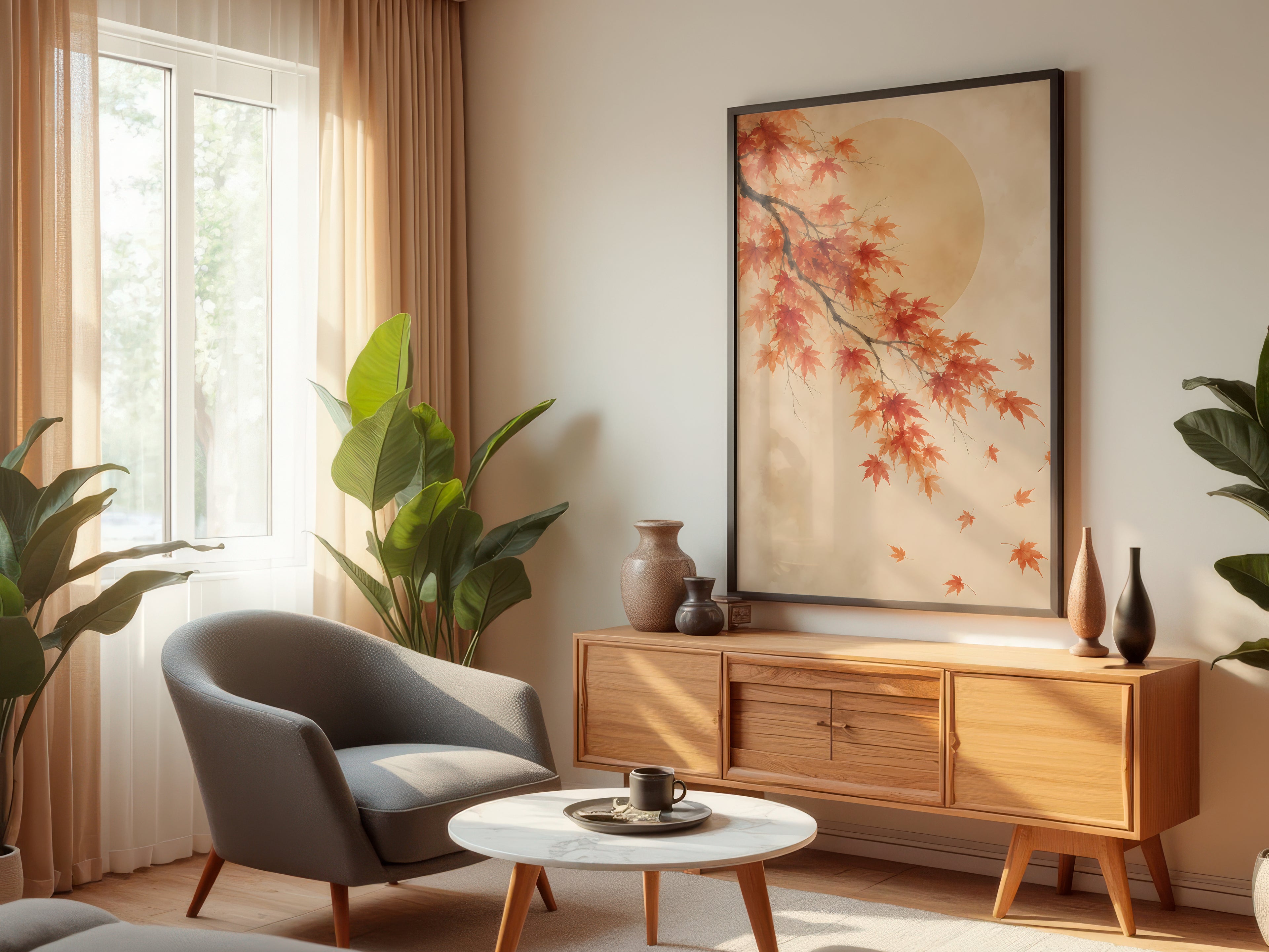 Ivory Maple Drift displayed in a styled interior — Japandi maple wall art above console