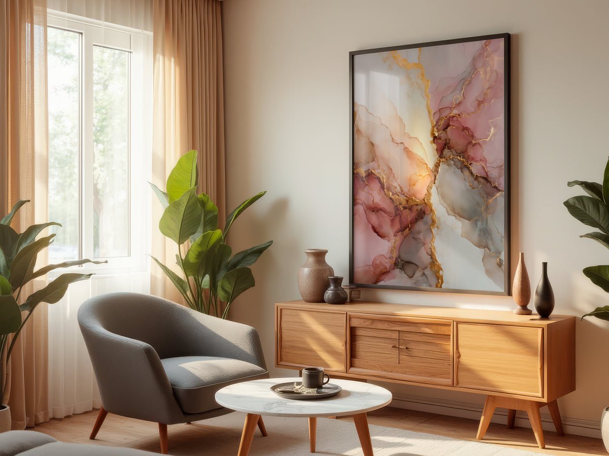 Pearl Gold abstract print displayed in a styled interior — bedroom hero mockup