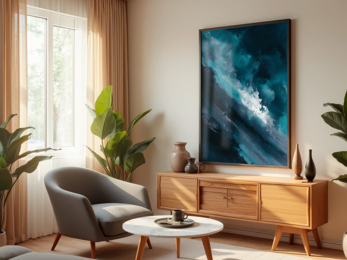 Petrol Storm Passage displayed in a styled interior — contemporary dark moody living room