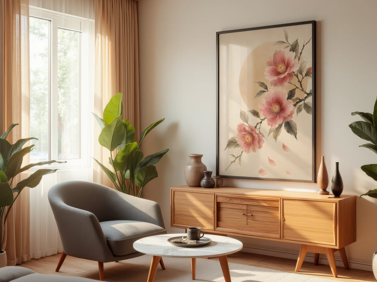Ivory Camellia Bloom displayed in a styled interior — Japandi camellia wall art above console