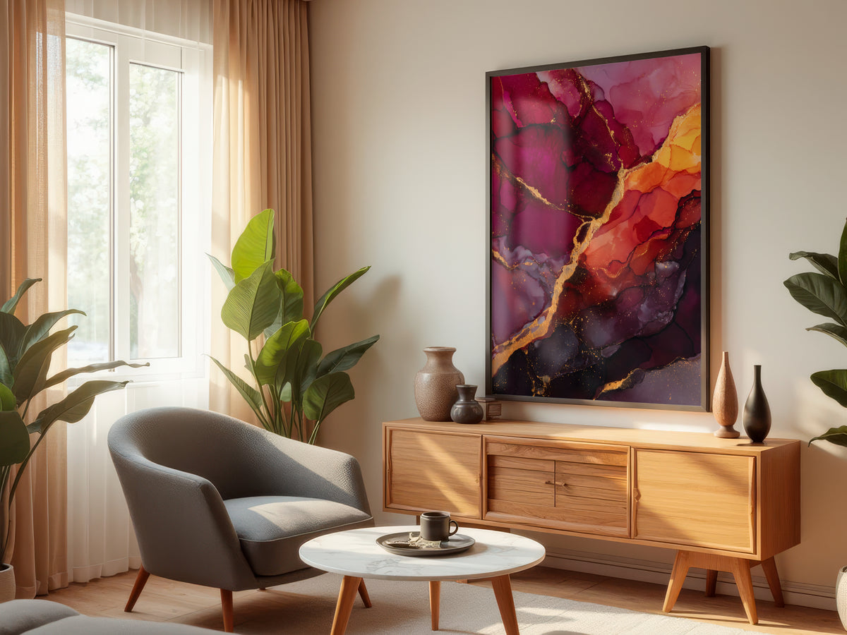 Garnet Gold abstract print displayed in a styled interior — living room hero mockup