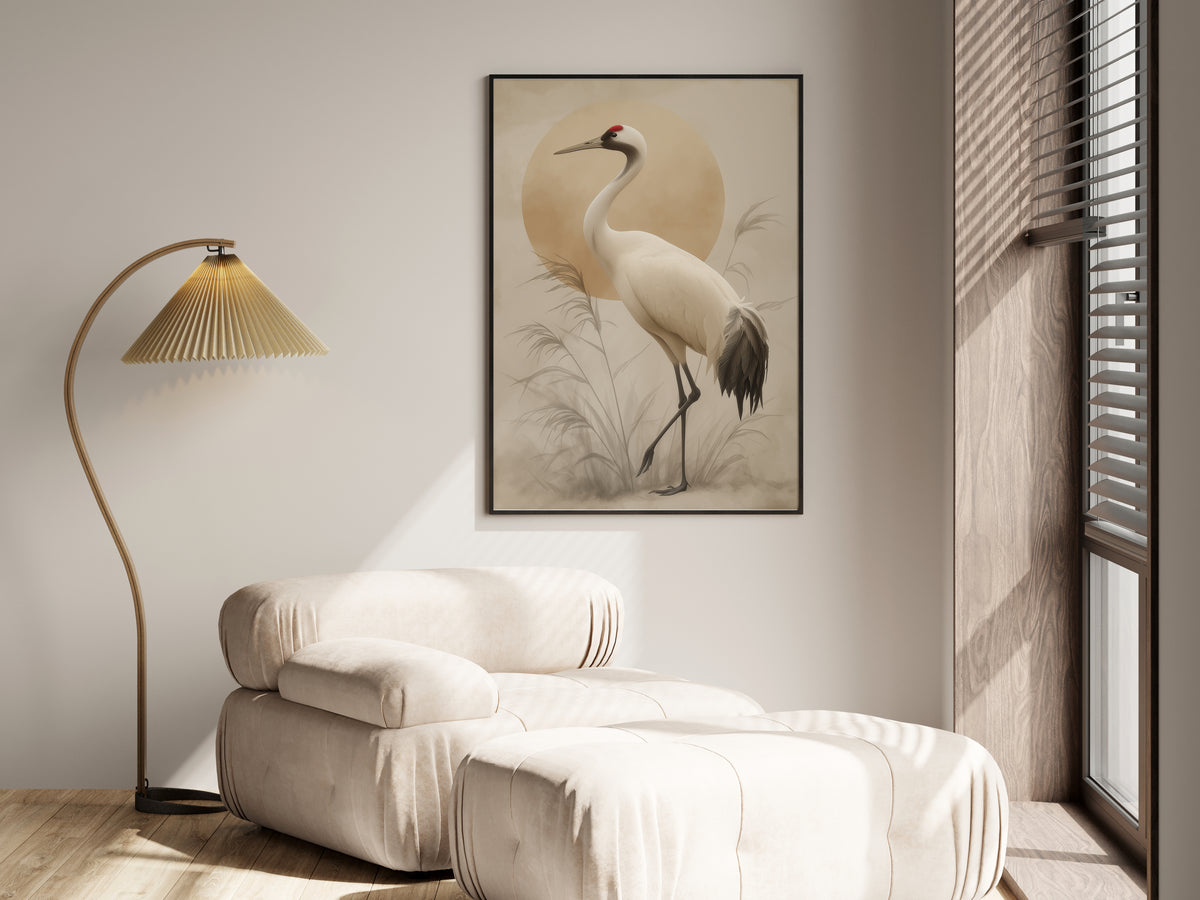 Ivory Crane Sun in a premium lifestyle setting — printable Japandi bird art