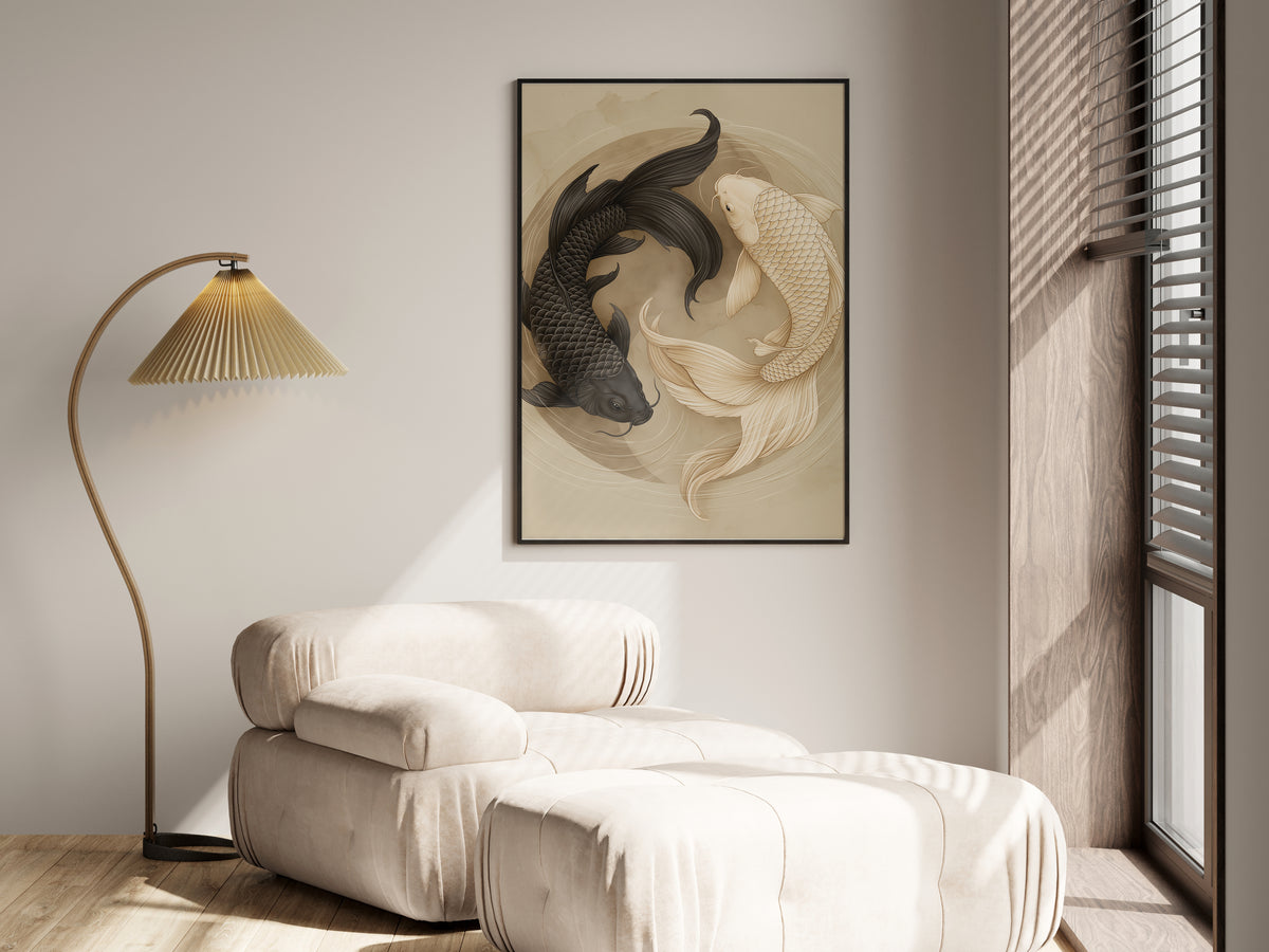 Ivory Koi Balance in a premium lifestyle setting — printable Japandi koi fish art