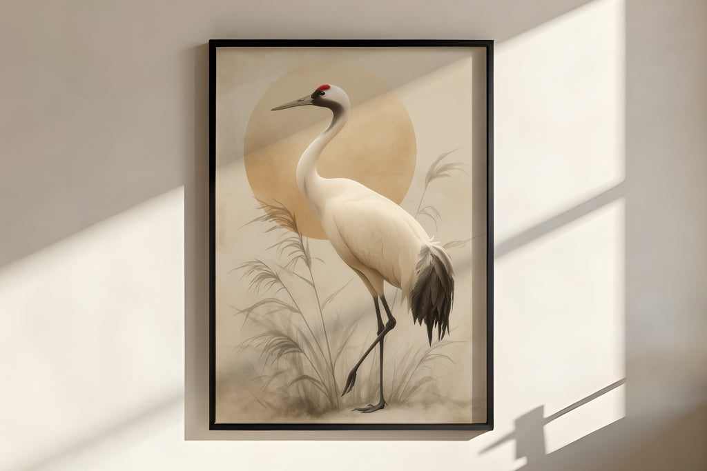 Close-up of Ivory Crane Sun showing crane feather detail, soft ink-wash texture, and warm ivory and amber palette