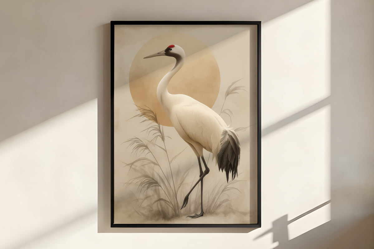 Close-up of Ivory Crane Sun showing crane feather detail, soft ink-wash texture, and warm ivory and amber palette