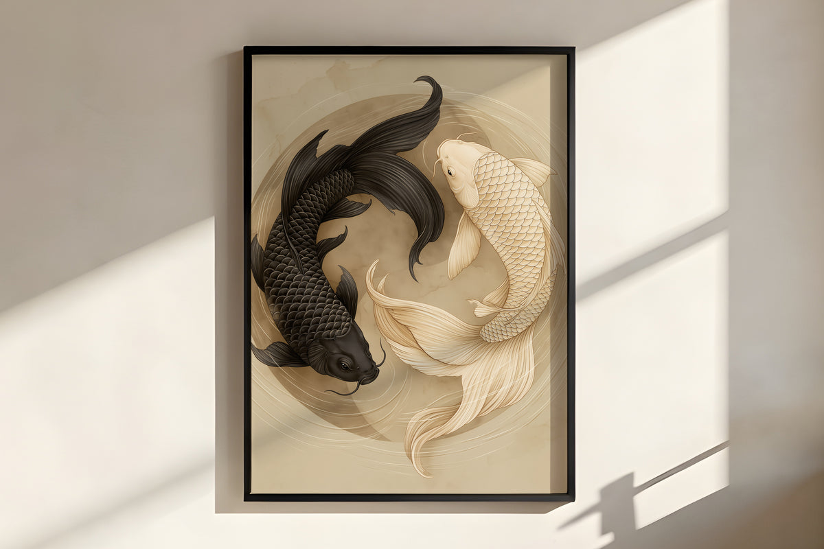 Close-up of Ivory Koi Balance showing koi scale detail, circular water motion, and warm ivory palette