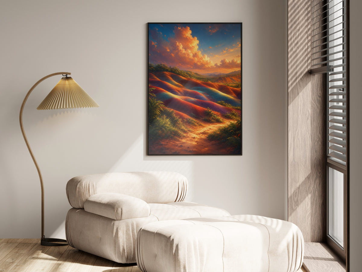 Seven Coloured Earth in a premium lifestyle setting — printable Mauritius Chamarel coloured earth art