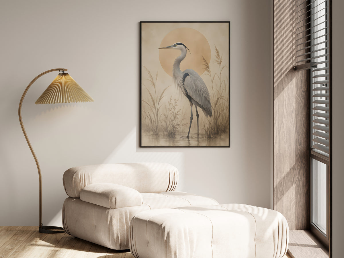 Ivory Heron Marsh in a premium lifestyle setting — printable Japandi bird art