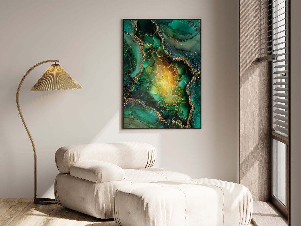 Emerald Gold abstract gilded ink wall art shown in a premium lifestyle interior setting