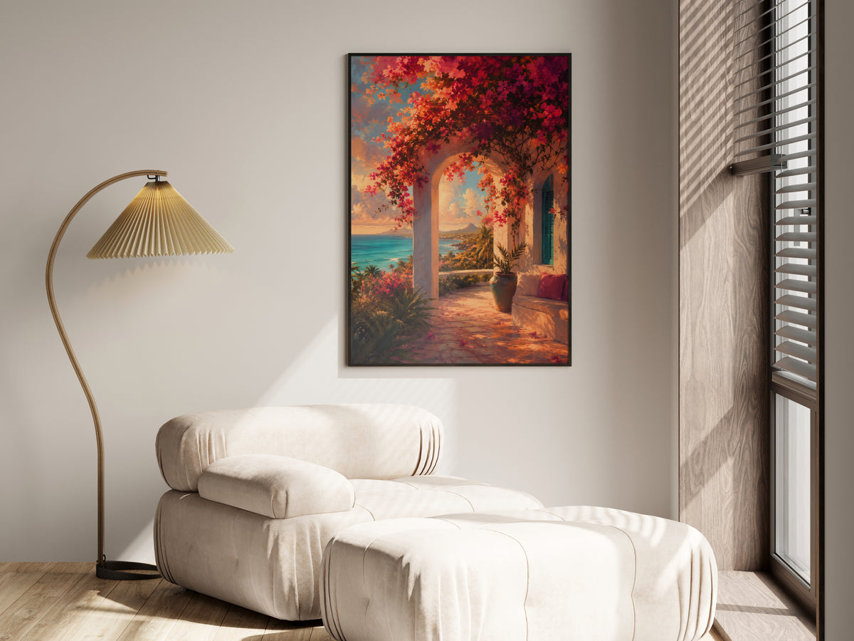 Bougainvillea Veranda Light in a premium lifestyle setting — printable Mauritius tropical bougainvillea art