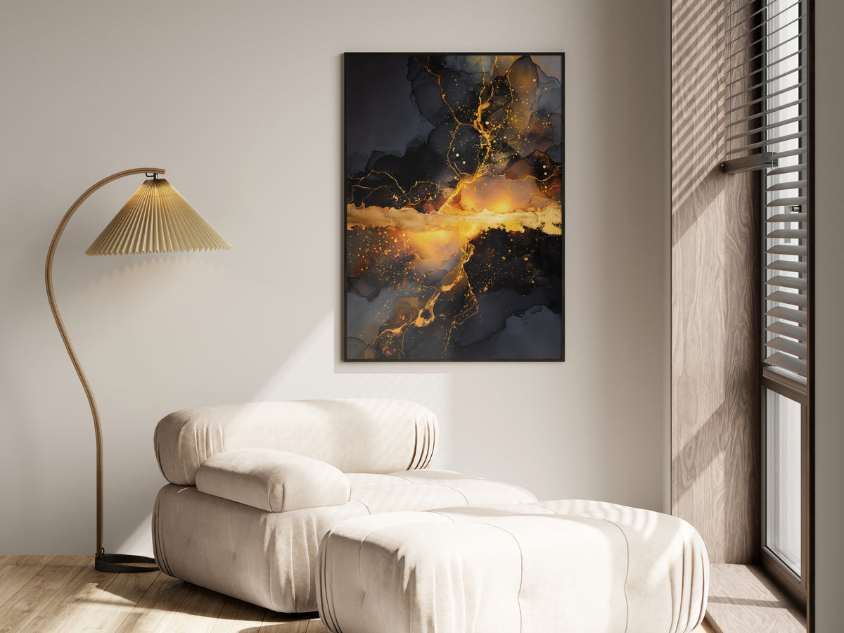 Obsidian Gold abstract gilded ink wall art shown in a premium lifestyle interior setting