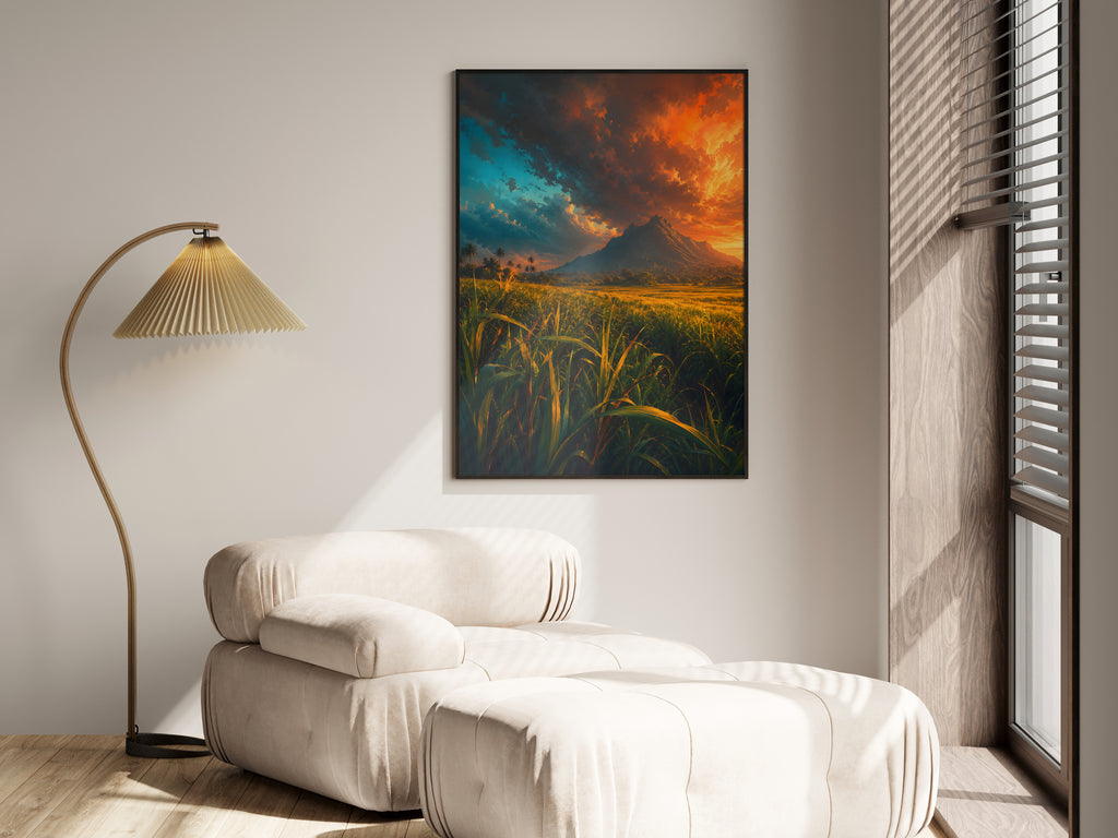 Sugarcane Stormlight in a premium lifestyle setting — printable Mauritius inland landscape art