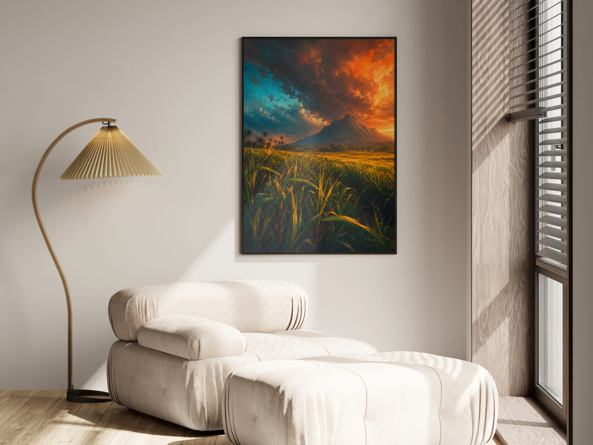 Sugarcane Stormlight in a premium lifestyle setting — printable Mauritius inland landscape art