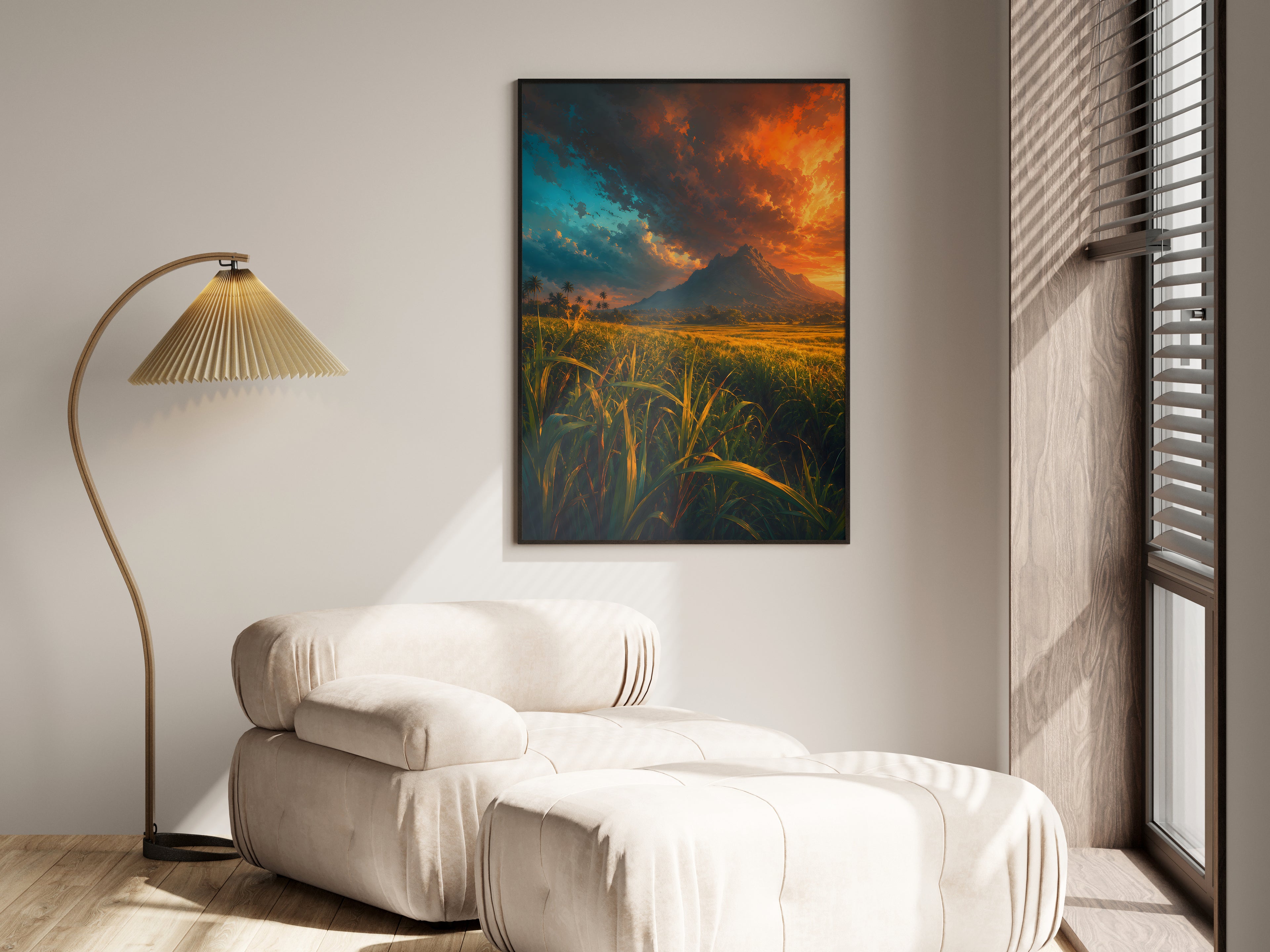Sugarcane Stormlight in a premium lifestyle setting — printable Mauritius inland landscape art