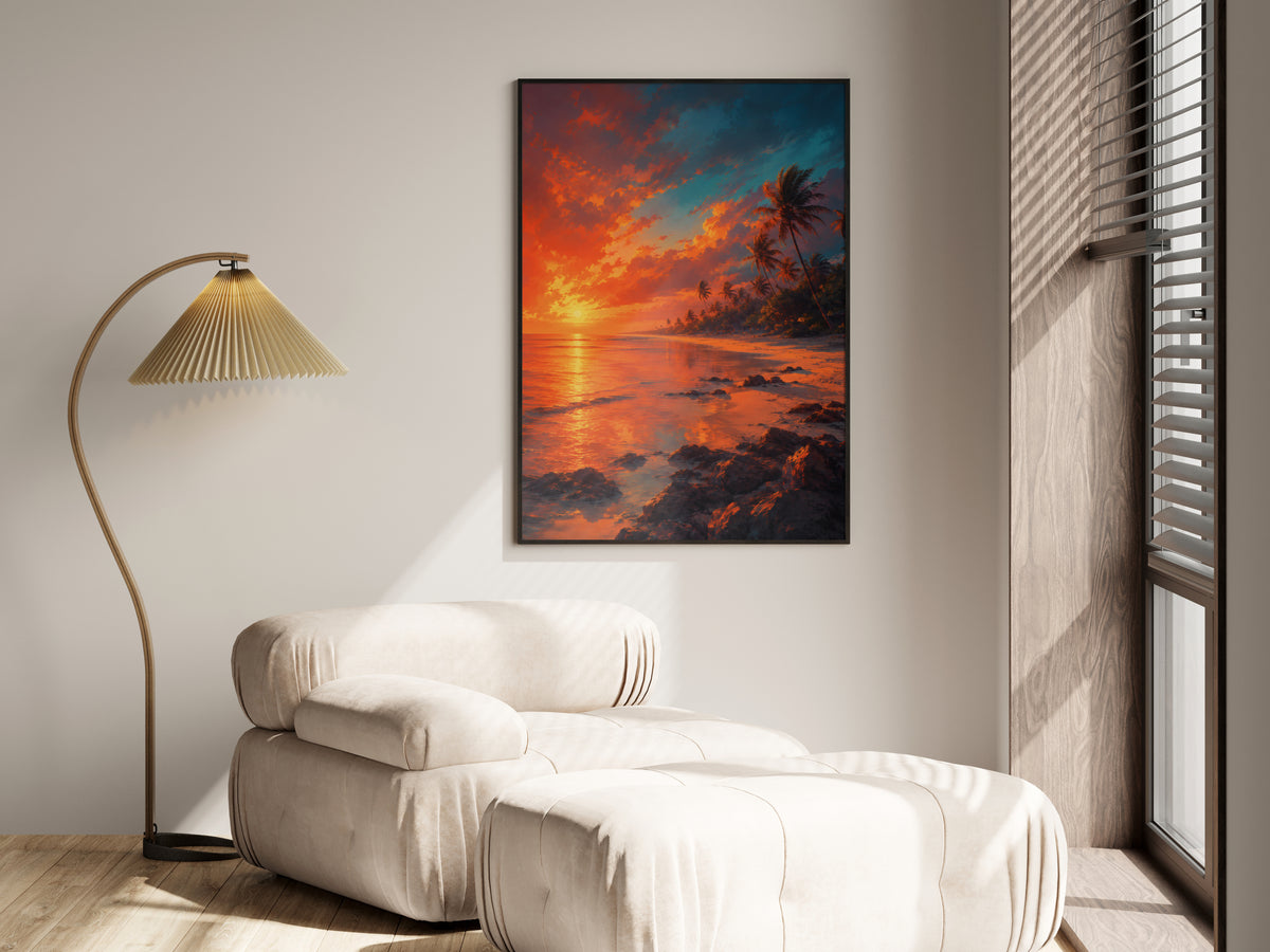 Flic en Flac Dusk Fire in a premium lifestyle setting — printable Mauritius dusk fire coastal art