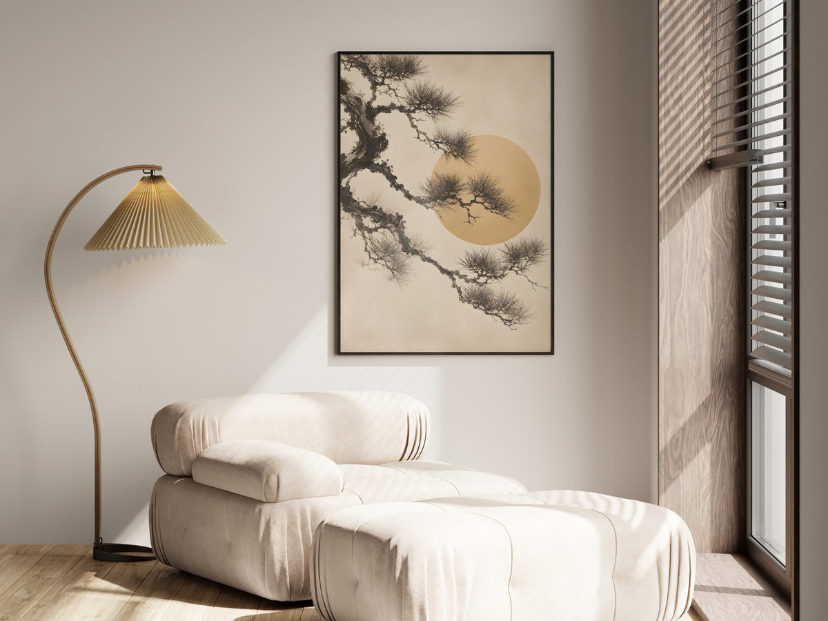 Ivory Pine Sun Silhouette in a premium lifestyle setting — printable Japandi pine art