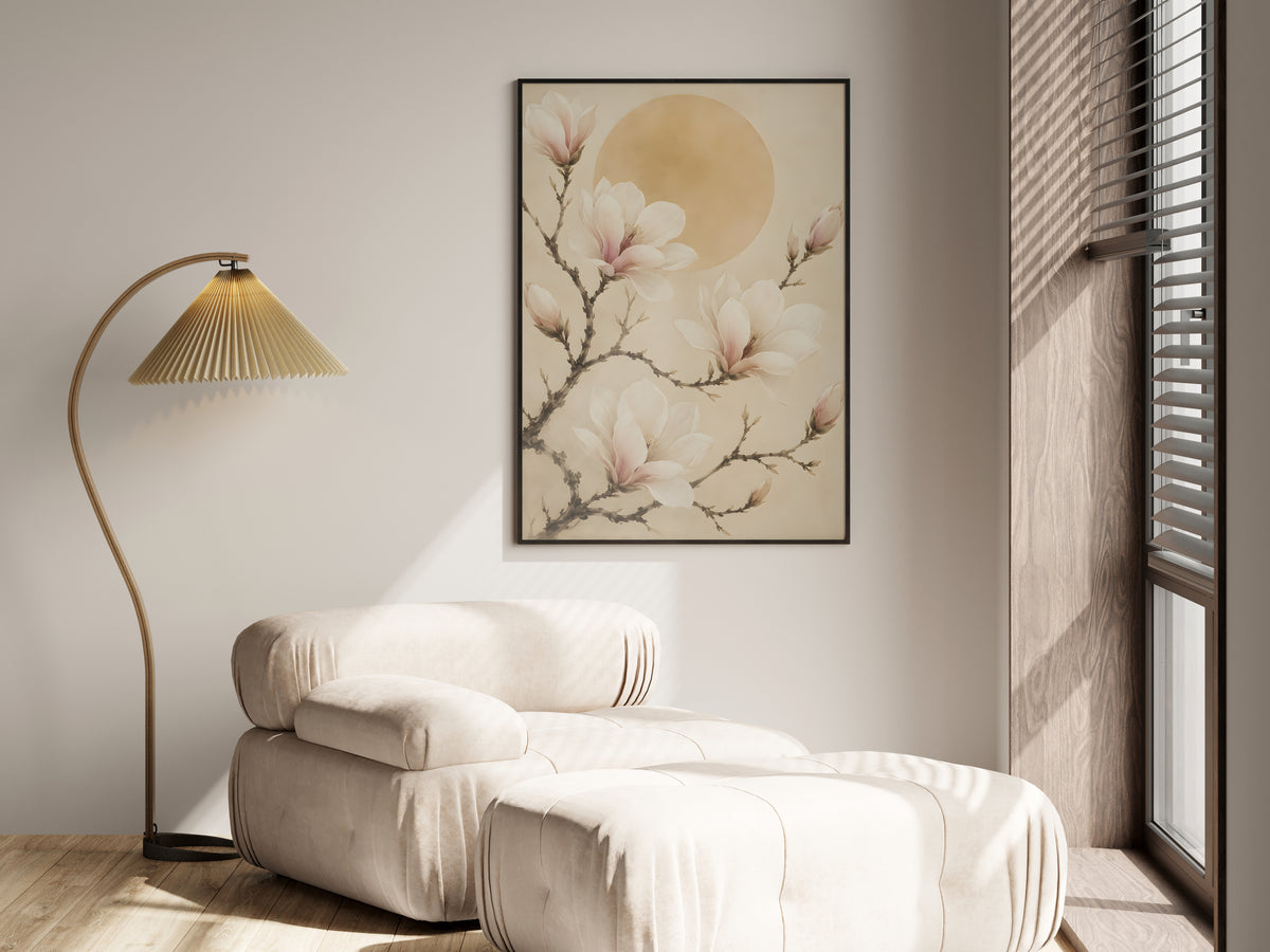 Ivory Magnolia Branch in a premium lifestyle setting — printable Japandi magnolia art