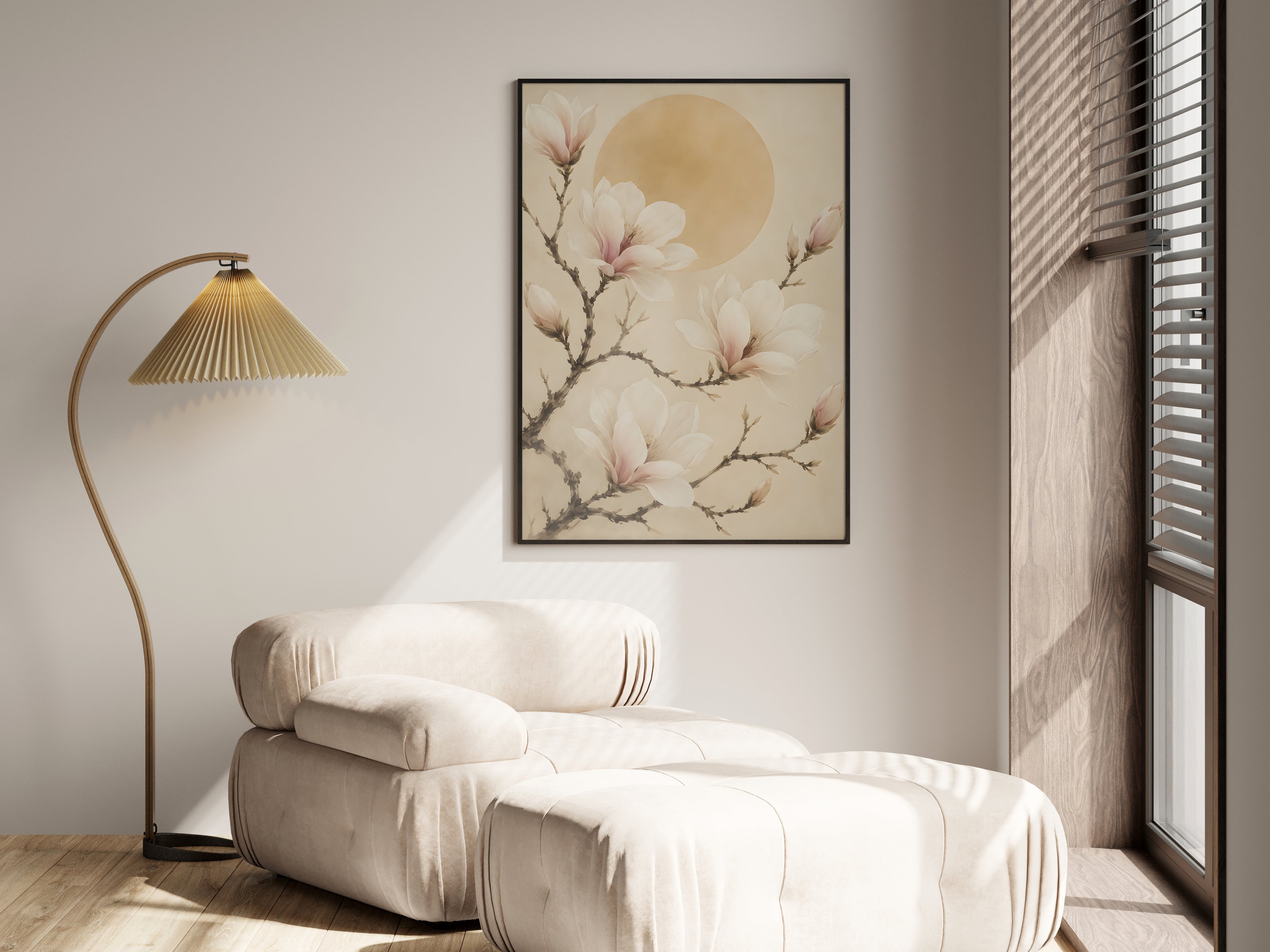 Ivory Magnolia Branch in a premium lifestyle setting — printable Japandi magnolia art
