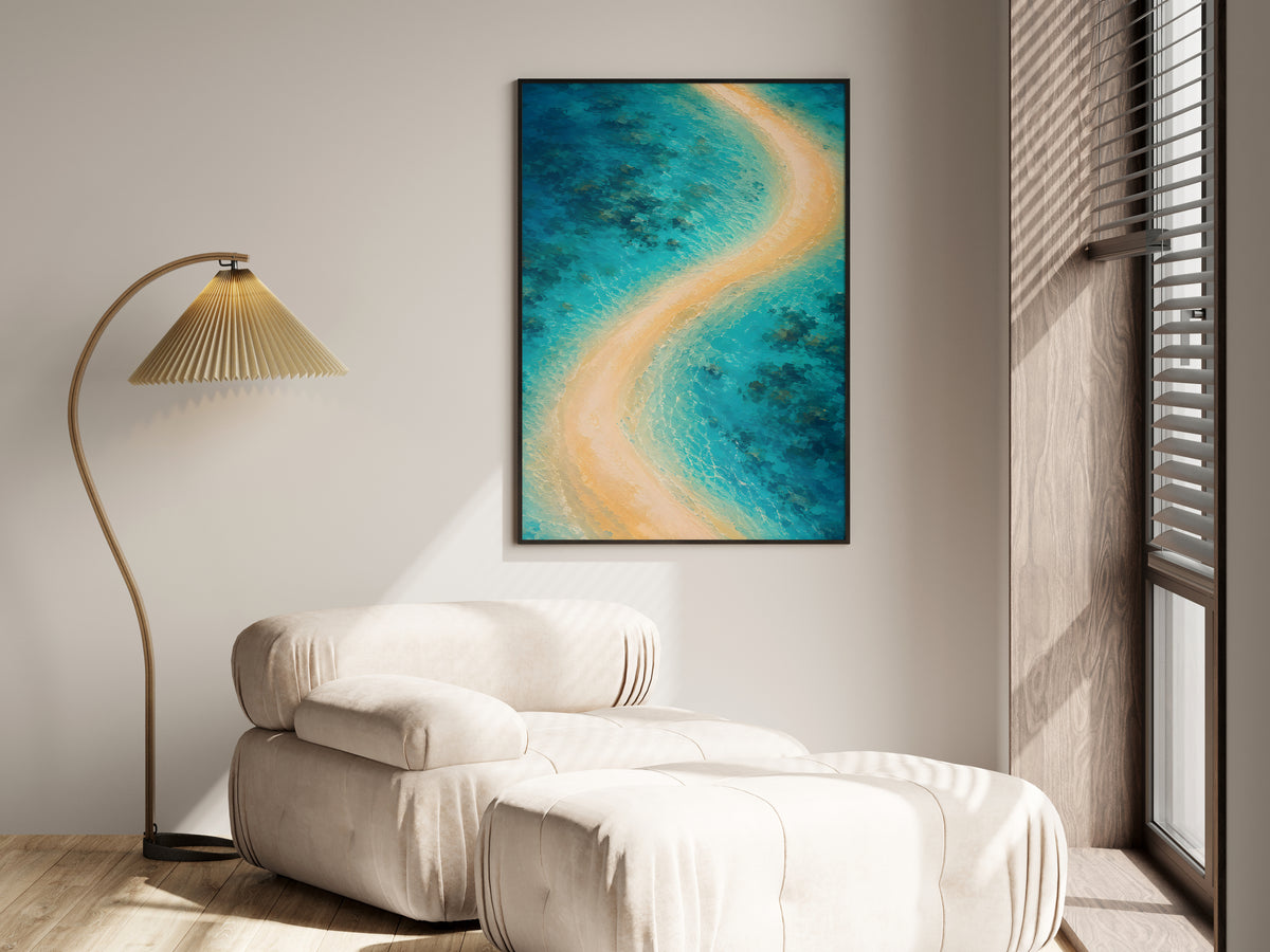 Pearl Lagoon Curve in a premium lifestyle setting — printable Mauritius abstract coastal art