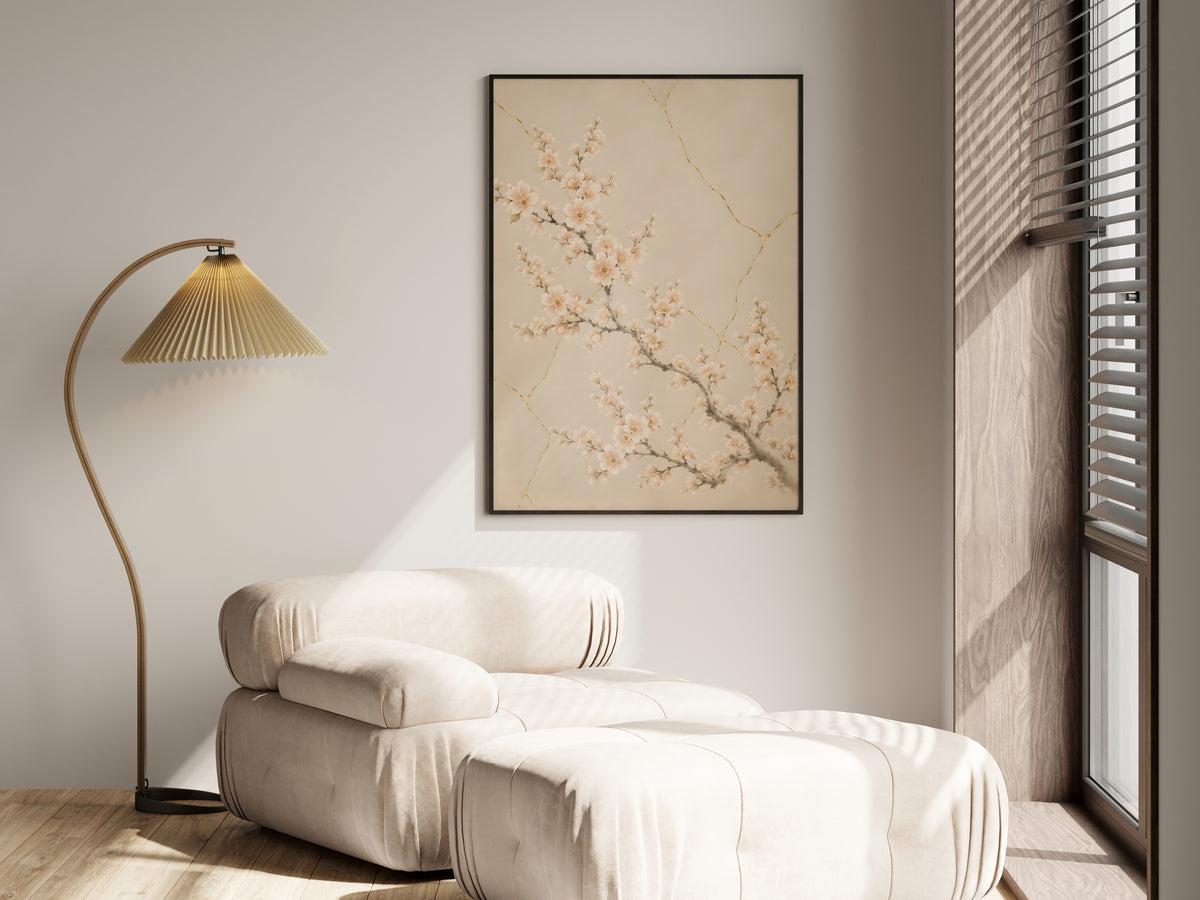 Ivory Kintsugi Bloom in a premium lifestyle setting — printable Japandi botanical art