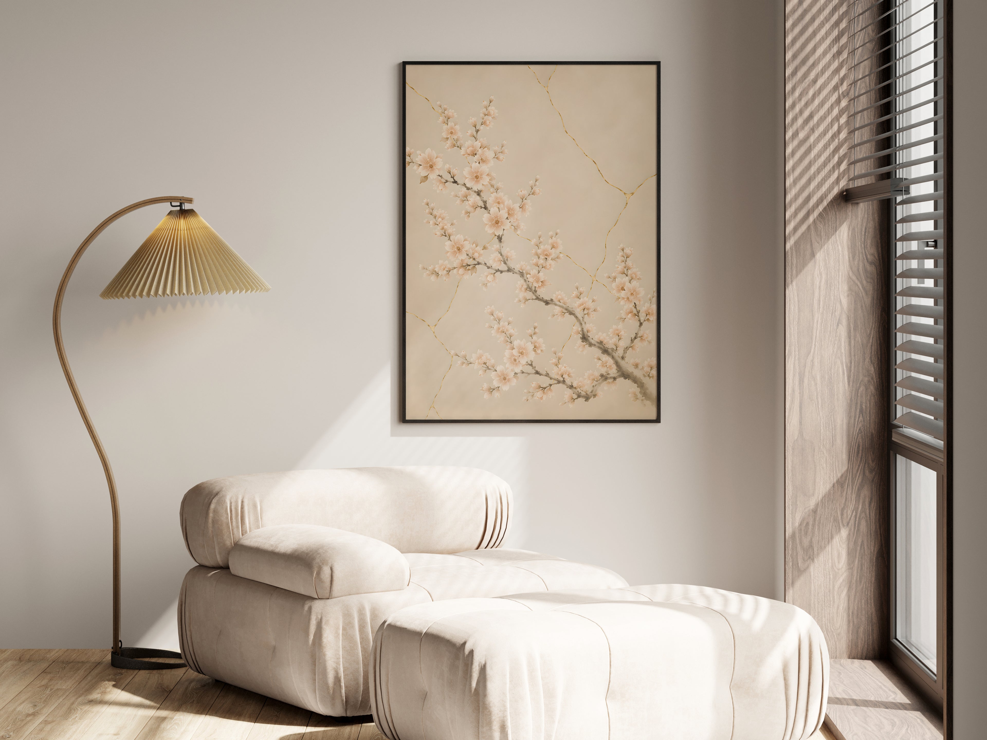 Ivory Kintsugi Bloom in a premium lifestyle setting — printable Japandi botanical art