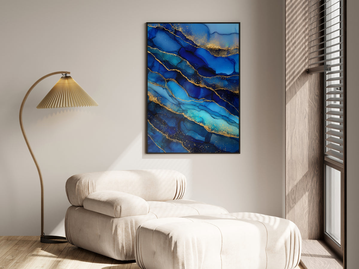 Cobalt Gold abstract gilded ink wall art shown in a premium lifestyle interior setting
